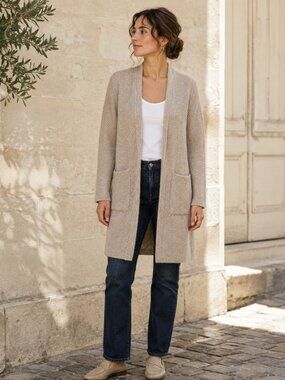 Magnolia Grace Cardigan M Oatmeal Textured Knit Longline Open Front Pockets